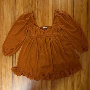 Abercrombie & Fitch Long-Sleeve Ruched Babydoll Mini Dress Rust Orange